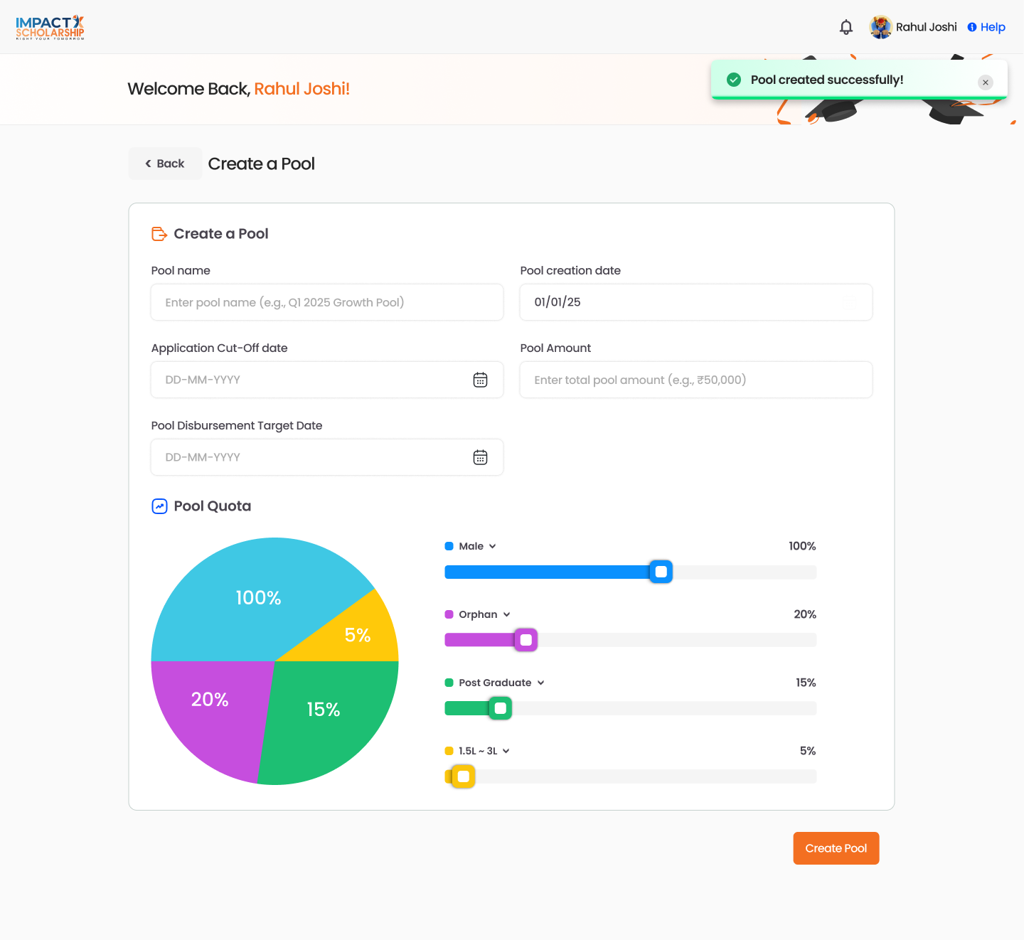The ImpactX Create a Pool screen, allocating a funding pool across need categories by percentage