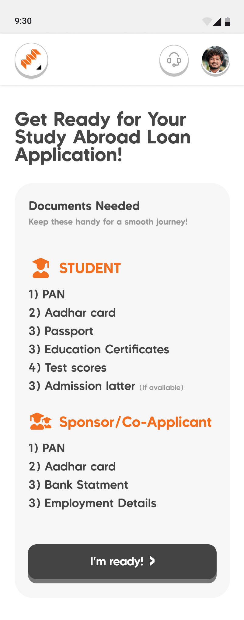The loan engine's Documents Needed screen, split by student and co-applicant