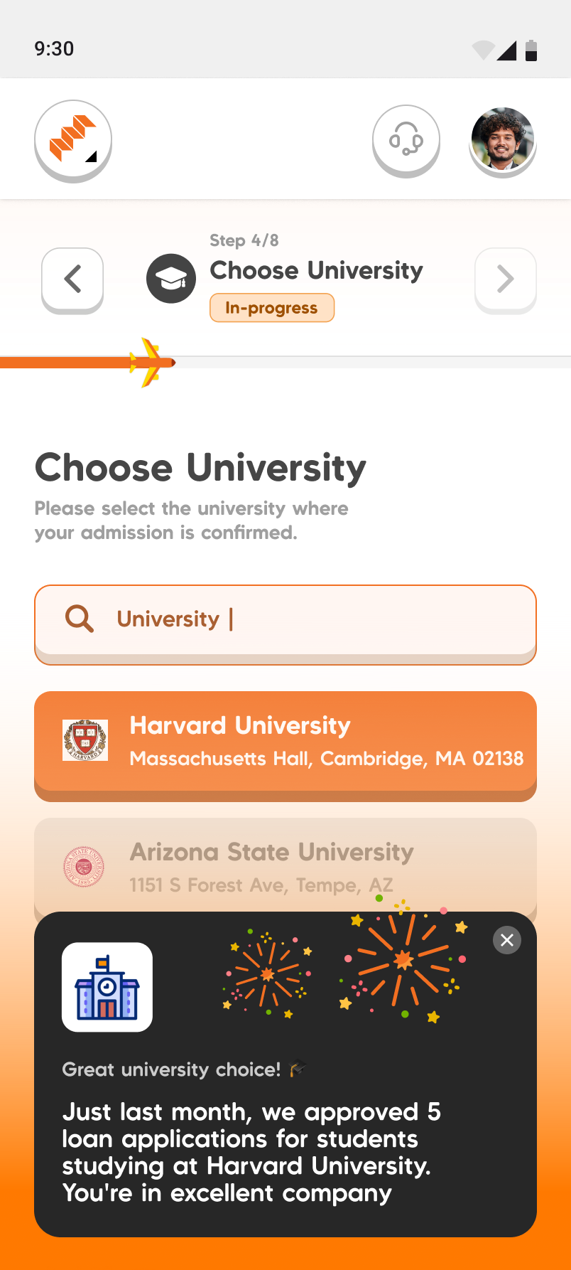 The Choose University step with a confidence-builder nudge appearing at the bottom