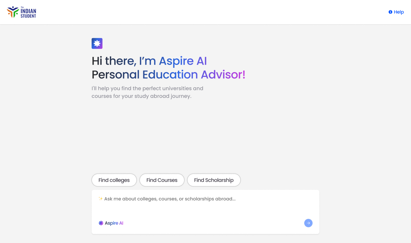 Aspire AI, the personal education advisor, greeting a student with guided quick-actions