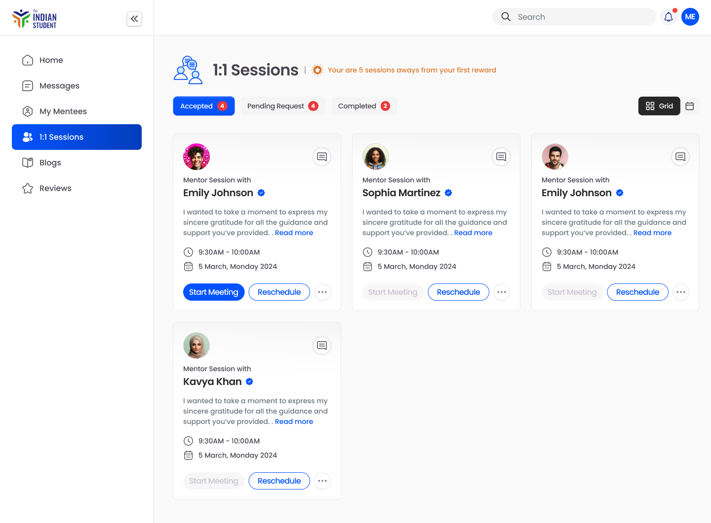The 1:1 Sessions screen, where students book and manage mentor sessions