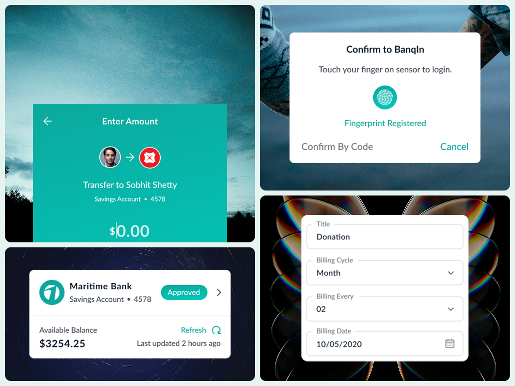 Mobile banking screens for a transfer, biometric confirmation, account balance, and a scheduled donation