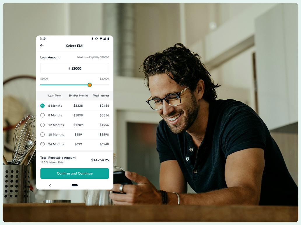 A loan repayment selector showing loan amount, terms, monthly payment, interest, and total payable amount