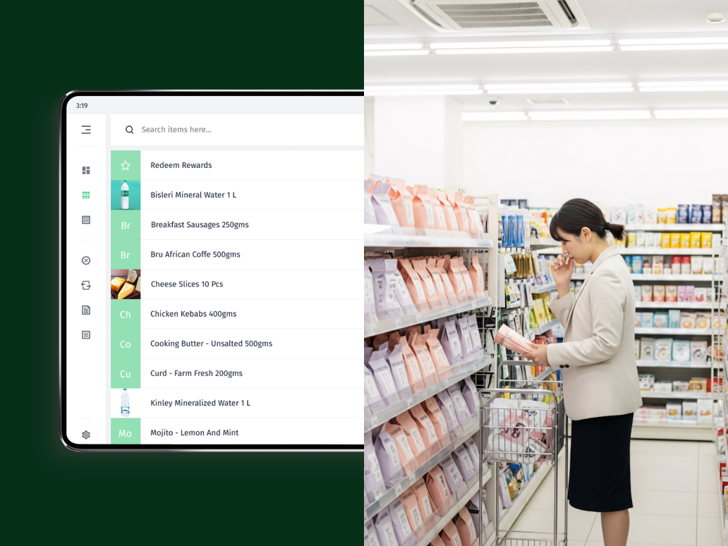 A point-of-sale product catalogue and search interface on a tablet