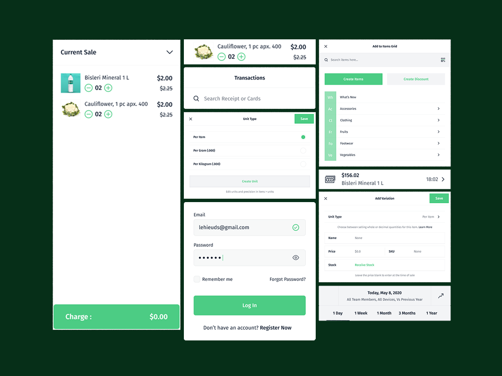 A collage of point-of-sale, product setup, login, and reporting screens