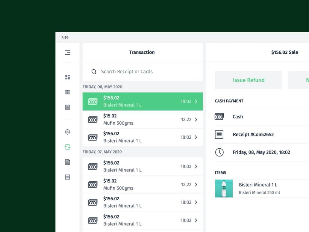 A transaction-history view with a selected receipt and payment details